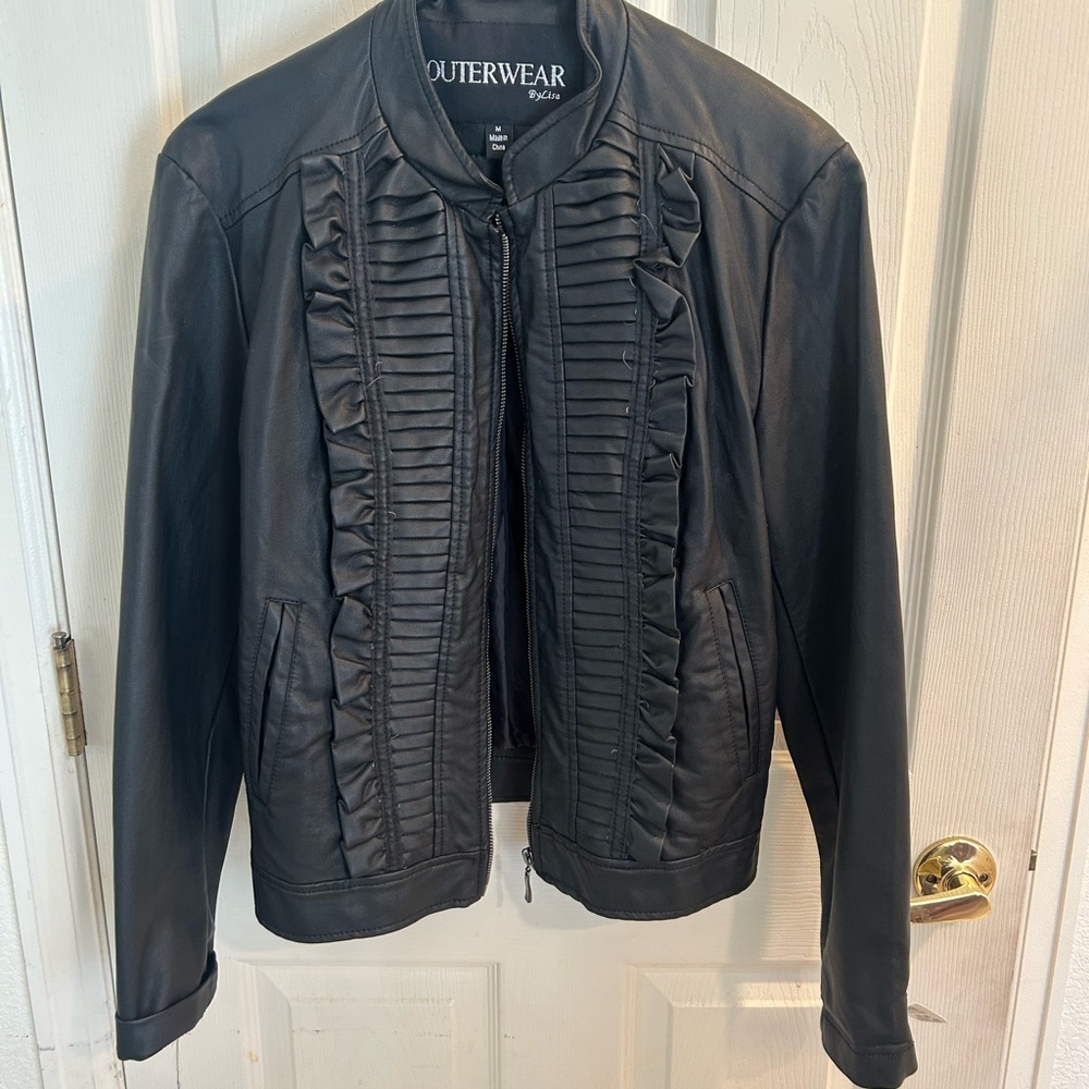 Outerwear by Lisa Black Leather Jacket with Ruffle Detail. Medium size.